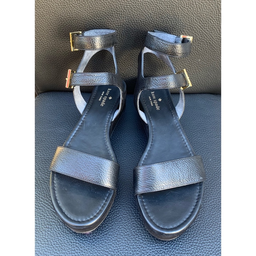 kate spade Black Leather Ankle-Strap Platform Sandals with Gold Buckles - Picture 2 of 5